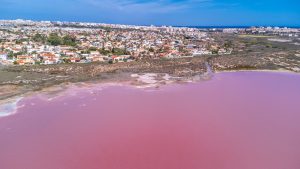 Aerial view of the pink salt lagoon in Torrevieja with the town behind it, Costa Blanca